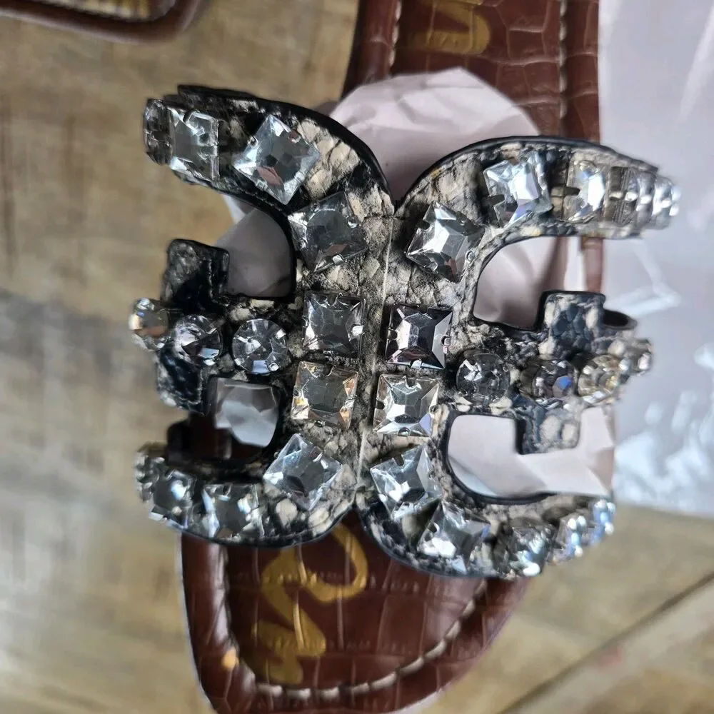 Sam Edelman Womens 8 Rhinestone Jeweled Snakeskin Slide Sandals Brown Silver